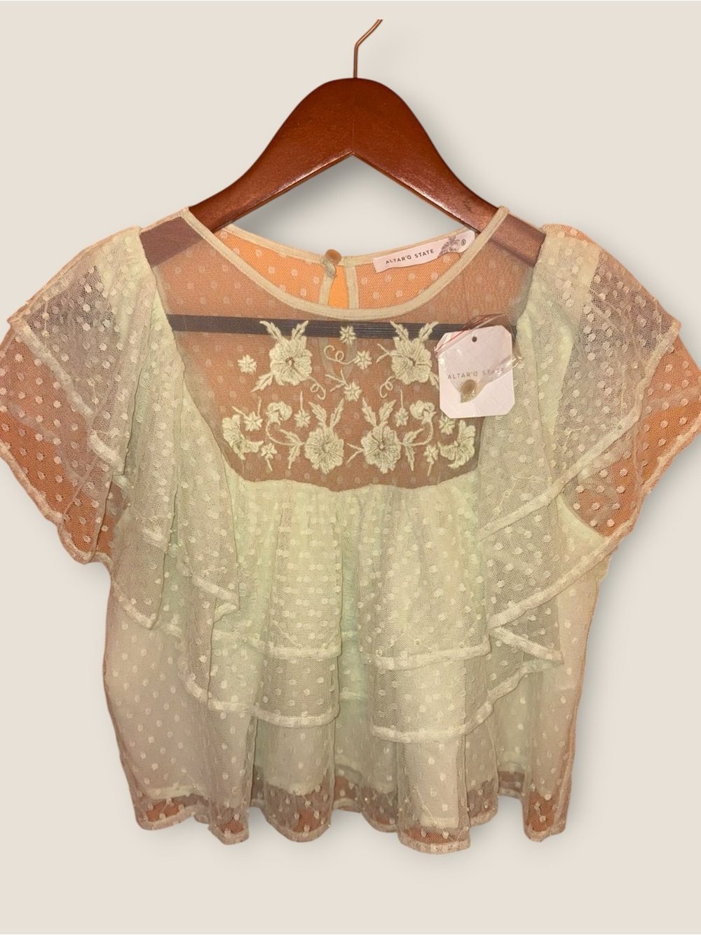 Cottagecore NWT Altar’d State Pale Green Sheer Dot-Embroidered Ruffle Blouse